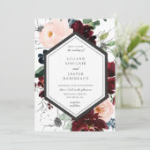 Bourgondië Blush Navy Bloemen Lijst Bruiloft Kaart (Staand voorkant)