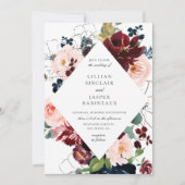 Bourgondië Blush Navy geschilderd bloemenbruiloft Kaart (Voorkant)