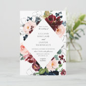 Bourgondië Blush Navy geschilderd bloemenbruiloft Kaart (Staand voorkant)