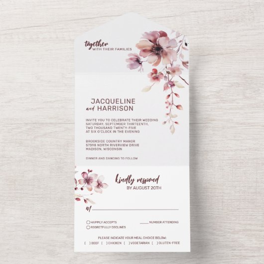 Bourgondië & Blush Romantisch Bloemen Bruiloft All In One Uitnodiging (Binnen)
