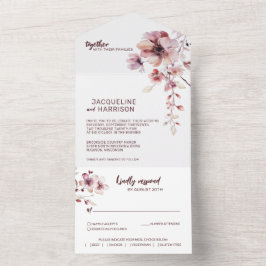 Bourgondië & Blush Romantisch Bloemen Bruiloft All In One Uitnodiging