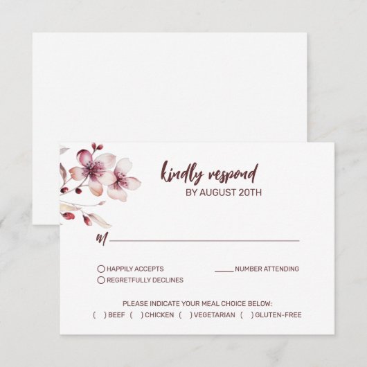 Bourgondië & Blush Romantische Waterverf Bruiloft RSVP Kaartje (Voorkant / Achterkant)