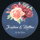 Bourgondië Blush Roos Bloemen Navy Chalkboard brui Ronde Sticker<br><div class="desc">Deze trouwstickers zijn voorzien van een waterverf bordeaux en perzik roos ontwerp met een marineblauw krijtbord achtergrond. Personaliseer deze stickers met uw namen en trouwdatum. Deze stickers zijn ideaal voor gebruik als stickers van de envelopverbinding of voor het verfraaien van huwelijksgunsten. Ze maken deel uit van een collectie met bijpassende...</div>