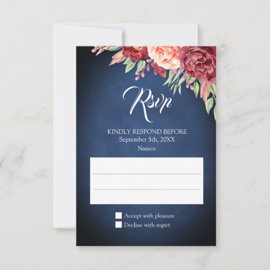 Bourgondië Blush Roos Bloemen Navy Chalkboard brui RSVP Kaartje (Voorkant)