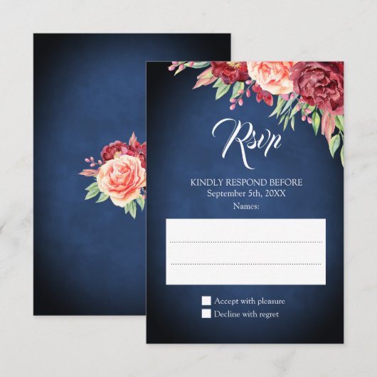 Bourgondië Blush Roos Bloemen Navy Chalkboard brui RSVP Kaartje (Voorkant / Achterkant)