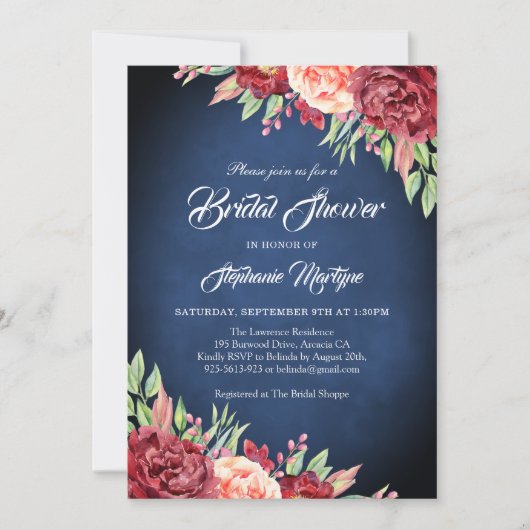 Bourgondië Blush Roos Bloemen Navy Vrijgezellenfee Kaart (Voorkant)