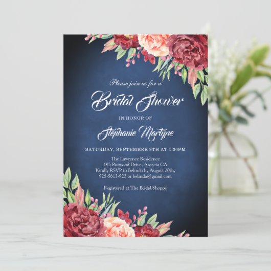 Bourgondië Blush Roos Bloemen Navy Vrijgezellenfee Kaart (Staand voorkant)