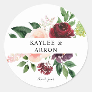 Bourgondië & Blush Roze 4 Bloemen Dank u 2 Ronde Sticker