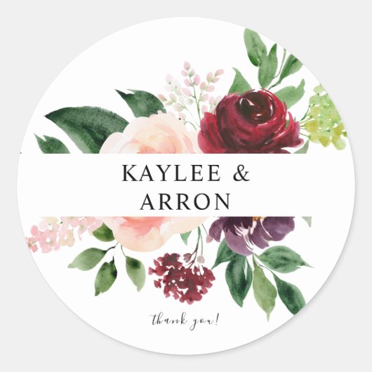 Bourgondië & Blush Roze 4 Bloemen Dank u 2 Ronde Sticker (Voorkant)