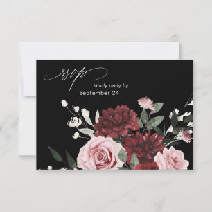 Bourgondië & Blush Roze Bloemen 6 Zwarte Maaltijd  RSVP Kaartje
