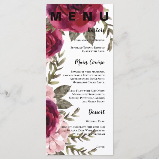  Bourgondië Blush Roze Bloemen Bruiloft Menu (Voorkant)