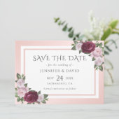 Bourgondië Blush Roze Bloemen Bruiloft Save The Da Date (Staand voorkant)