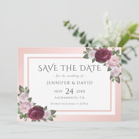 Bourgondië Blush Roze Bloemen Bruiloft Save The Da Save The Date (Staand voorkant)
