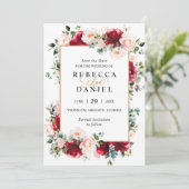 Bourgondië & Blush Roze Bloemen Bruiloft Save the  Kaart (Staand voorkant)