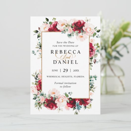 Bourgondië & Blush Roze Bloemen Bruiloft Save the Kaart (Staand voorkant)