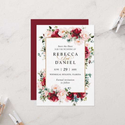 Bourgondië & Blush Roze Bloemen Bruiloft Save the  Kaart (Voorkant / Achterkant in situ)