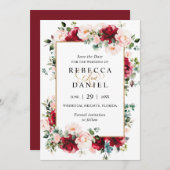 Bourgondië & Blush Roze Bloemen Bruiloft Save the  Kaart (Voorkant / Achterkant)