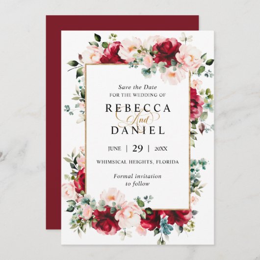 Bourgondië & Blush Roze Bloemen Bruiloft Save the  Kaart (Voorkant / Achterkant)