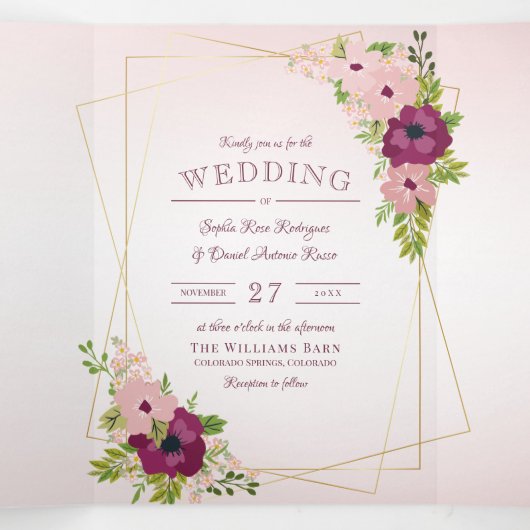 Bourgondië & Blush Roze Bloemen Geometrische bruil Drieluik Uitnodiging (Binnenkant midden)