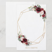 Bourgondië Blush Roze Bloemen Goud Geometrische No Briefpapier (Voorkant / Achterkant)