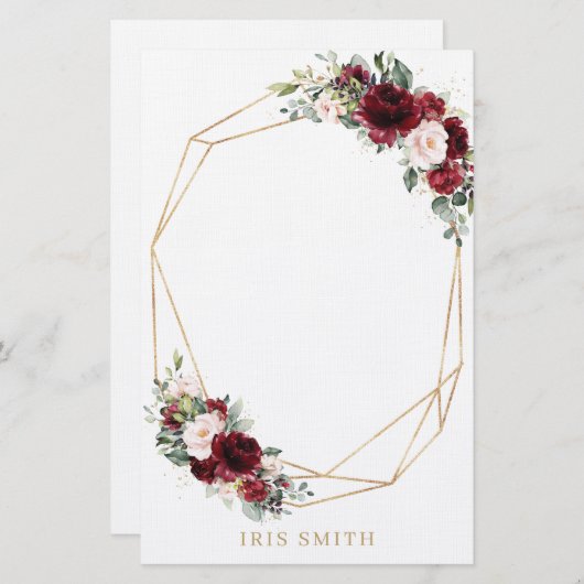 Bourgondië Blush Roze Bloemen Goud Geometrische No Briefpapier (Voorkant / Achterkant)