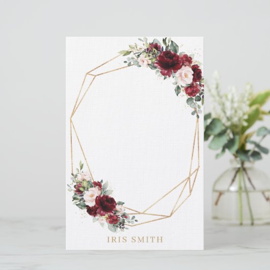 Bourgondië Blush Roze Bloemen Goud Geometrische No Briefpapier (Staand voorkant)