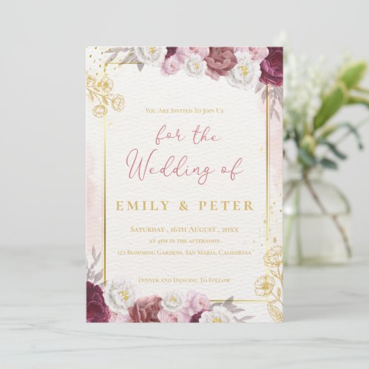Bourgondië Blush Roze Bloemen Gouden Rand Bruiloft Kaart (Staand voorkant)