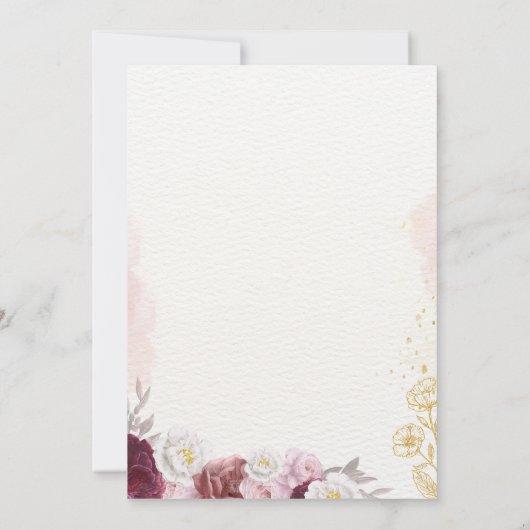 Bourgondië Blush Roze Bloemen Gouden Rand Bruiloft Kaart (Achterkant)
