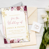 Bourgondië Blush Roze Bloemen Gouden Rand Bruiloft Kaart