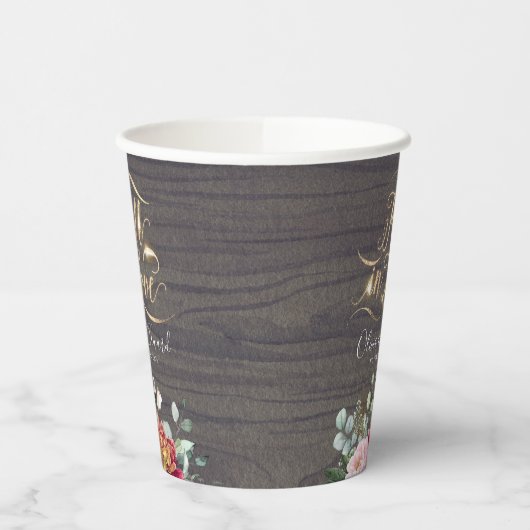 Bourgondië Blush Roze Bloemen Herfst In Liefde Rus Papieren Bekers (Links)