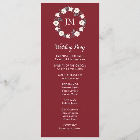 Bourgondië Blush Roze Bloemen Krans Monogram Programmakaart (Achterkant)