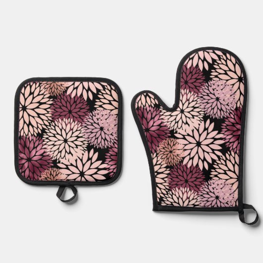 Bourgondië Blush roze bloemen Ovenwant & Pannenlap Set (Voorkant)