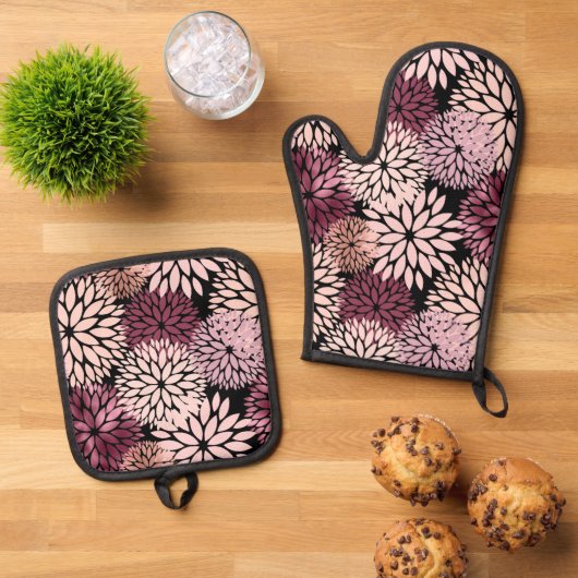 Bourgondië Blush roze bloemen Ovenwant & Pannenlap Set
