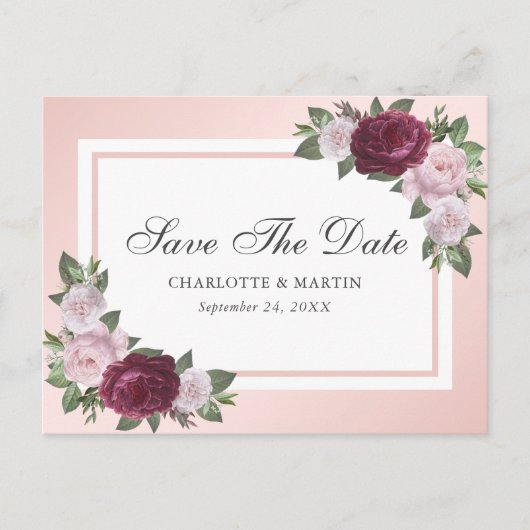 Bourgondië Blush Roze Bloemen Save The Date Aankondigingskaart (Voorkant)