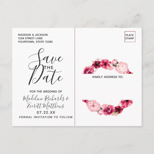 Bourgondië & Blush Roze Bloemkrans Save the Date Aankondigingskaart (Achterkant)