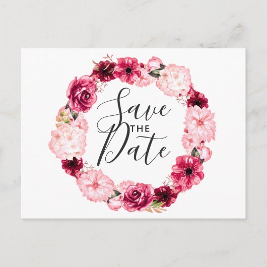 Bourgondië & Blush Roze Bloemkrans Save the Date Aankondigingskaart (Voorkant)