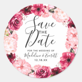 Bourgondië & Blush Roze Bloemkrans Save the Date Ronde Sticker