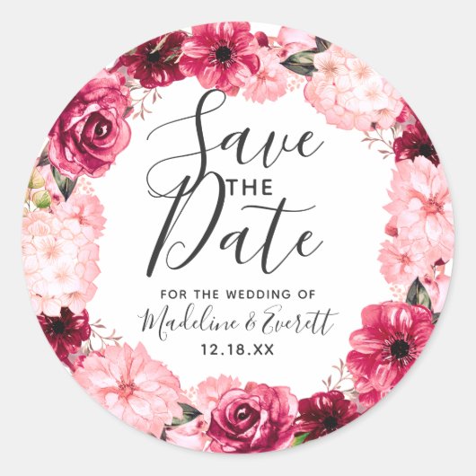 Bourgondië & Blush Roze Bloemkrans Save the Date Ronde Sticker (Voorkant)