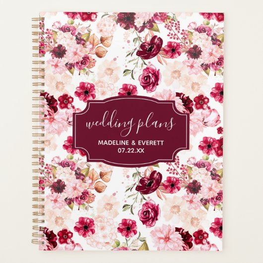 Bourgondië & Blush Roze Chique Bloemen Huwelijkspl Planner (Voorkant)