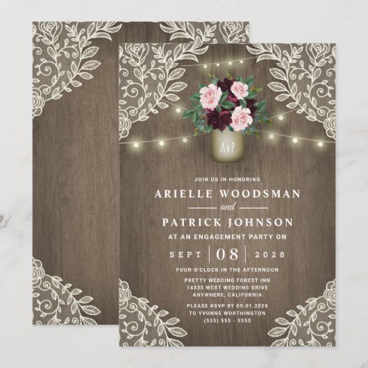 Bourgondië Blush Roze Goud Rustieke Verlovingsfees Kaart (Voorkant / Achterkant)