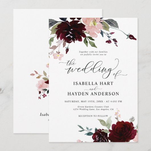 Bourgondië Blush Roze Rood Bordo Bloemen Bruiloft Kaart (Voorkant / Achterkant)