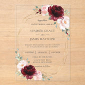 Bourgondië Blush Roze Rozen Bloemen Geometrische B Acryl Uitnodigingen (Voorkant)