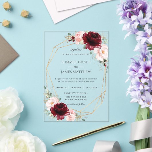 Bourgondië Blush Roze Rozen Bloemen Geometrische B Acryl Uitnodigingen (Insitu (Huwelijk))