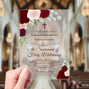 Bourgondië & Blush Rozen Elegante Katholieke bruil Acryl Uitnodigingen