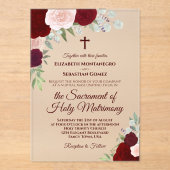 Bourgondië & Blush Rozen Elegante Katholieke bruil Acryl Uitnodigingen (Voorkant)