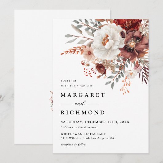 Bourgondië & Blush Rustieke Waterverf Bloemen Huwe Kaart (Voorkant / Achterkant)