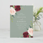 Bourgondië Blush & Sage Bloemen Waterverf Bruiloft Kaart (Staand voorkant)
