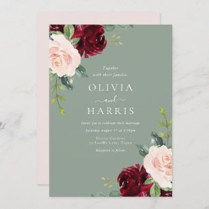 Bourgondië Blush & Sage Bloemen Waterverf Bruiloft Kaart