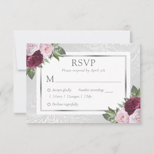 Bourgondië Blush Silver Bloemen Bruiloft RSVP Kaar (Voorkant)