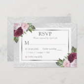 Bourgondië Blush Silver Bloemen Bruiloft RSVP Kaar (Voorkant / Achterkant)